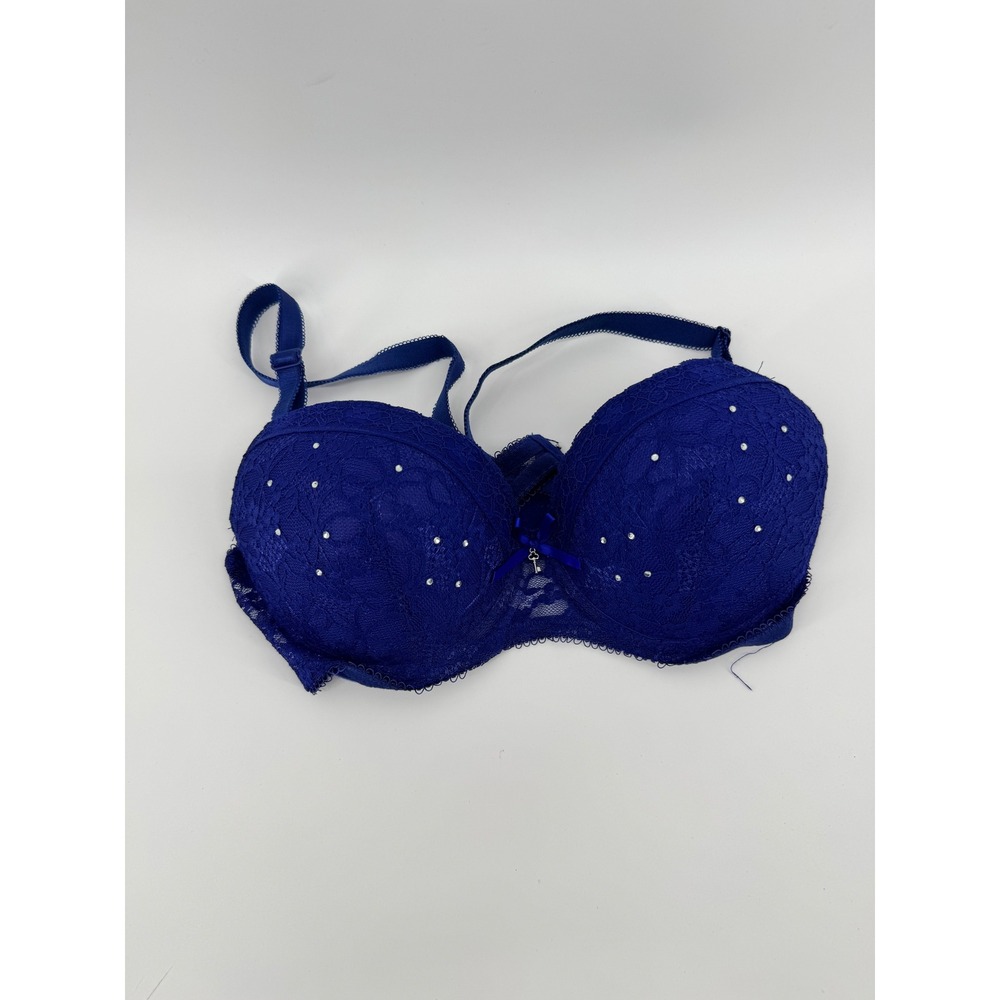 Royal Blue Lace Rhinestone Push Up Bra Underwire Adjustable Straps 34B